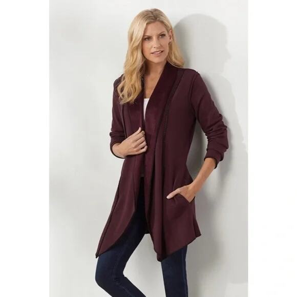 Soft Surroundings Cozy Burgundy Draped Whipstitch Weekend Jacket L - Picture 1 of 7